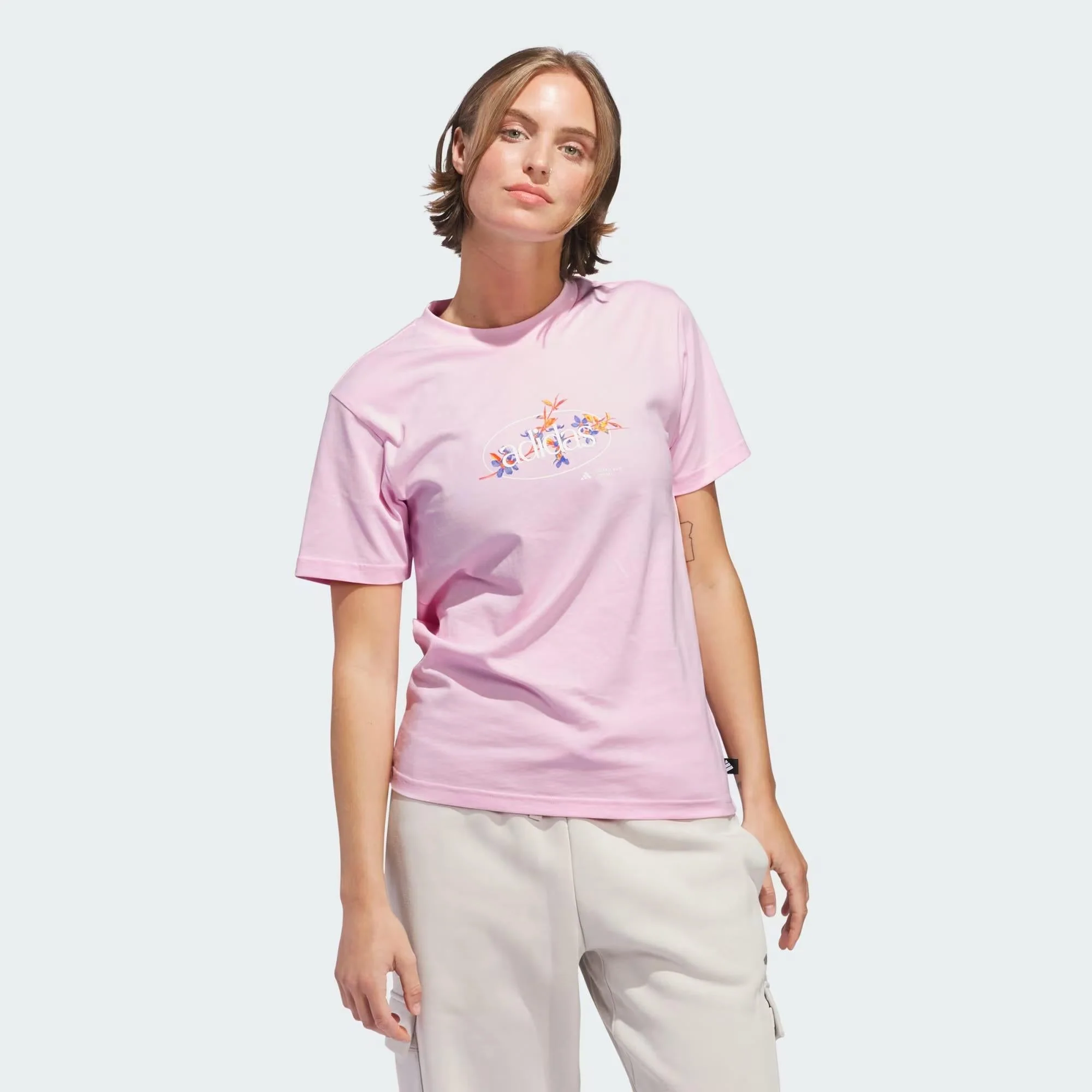Adidas Womens Elem Flrl Short Sleeve Tee Clear Pink
