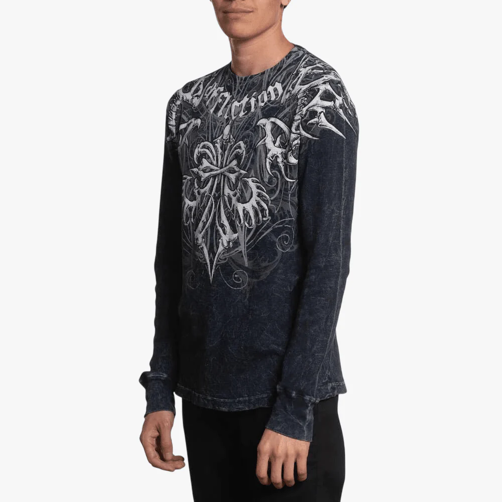 Affliction Mens Skeleton Long Sleeve Tee Black Lava Wash