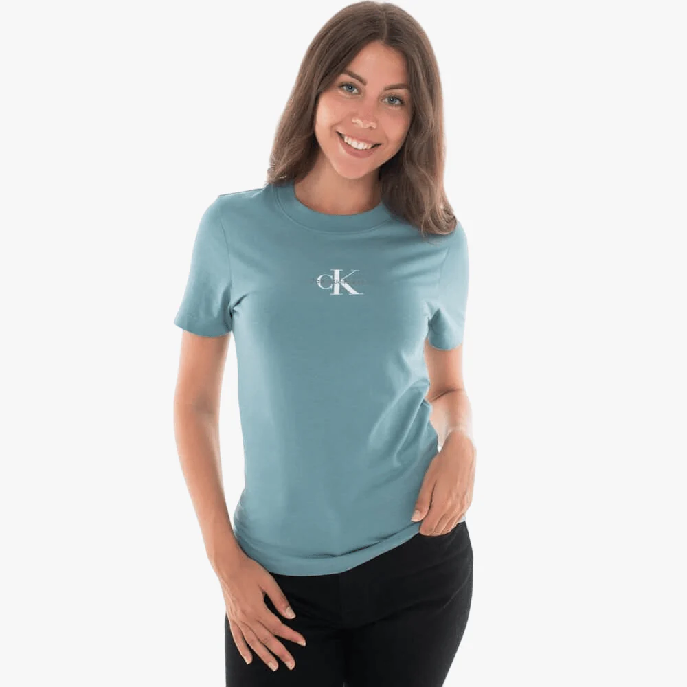 Calvin Klein Womens Monologo Slim Fit Short Sleeve Tee Teal