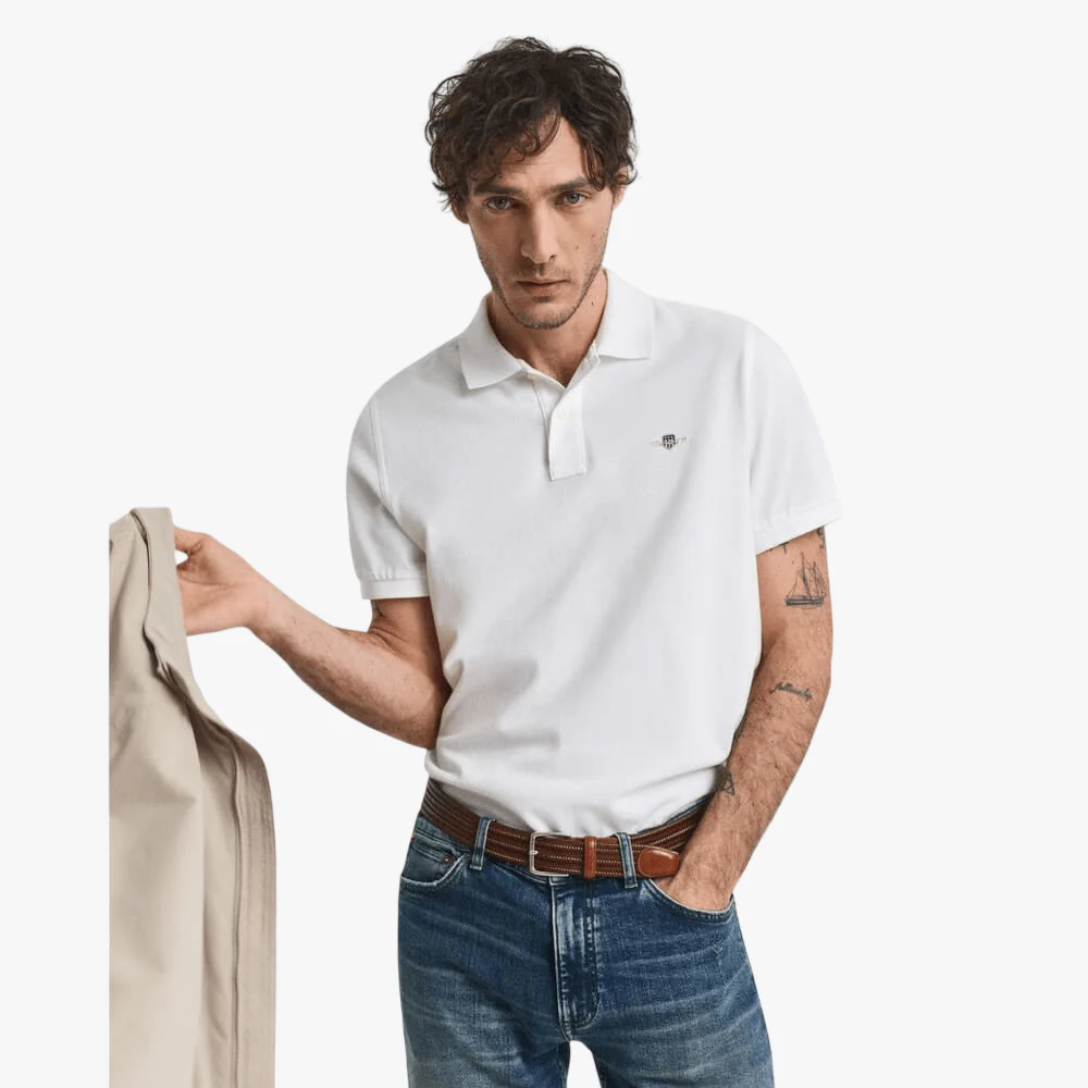 Gant Mens Slim Pique Short Sleeve Golfer White
