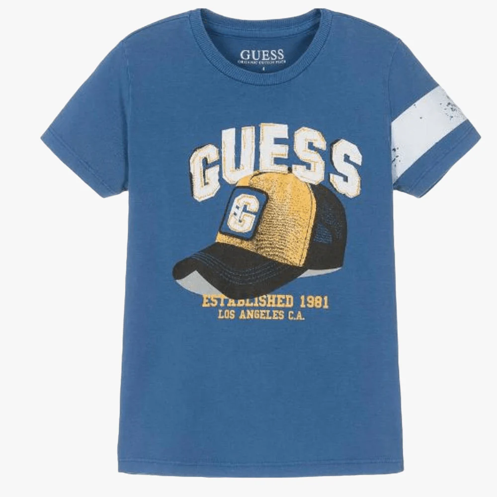 Guess Boys Cap Logo Short Sleeve Tee Blue