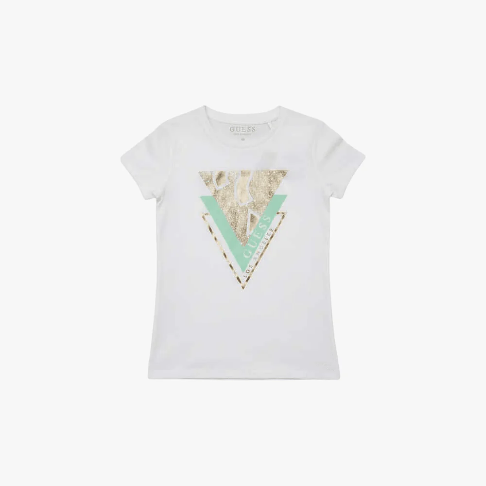 Guess Girls Geometric Floral Short Sleeve Tee Tru White