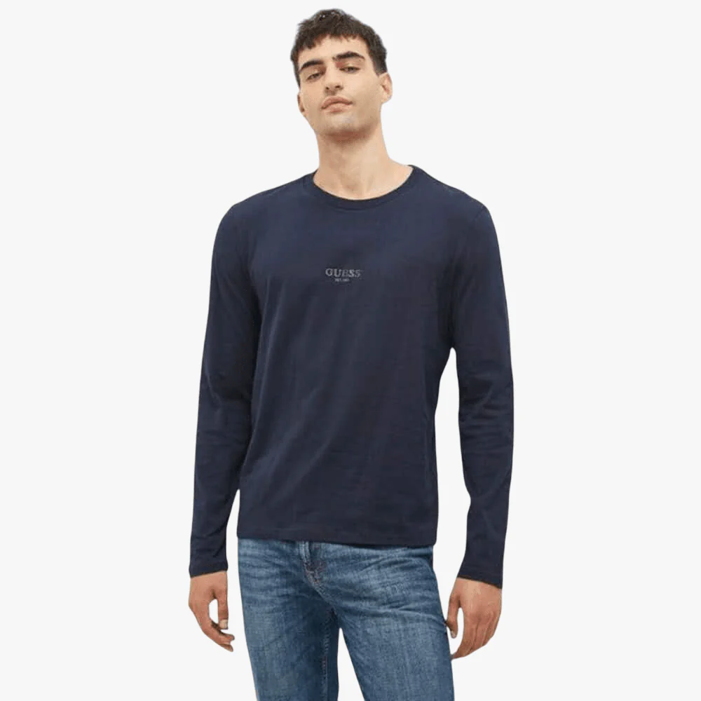 Guess Mens Aidy Crew Neck Long Sleeve Tee Navy