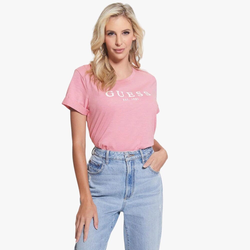 Guess Womens 1981 Roll Cuff Short Sleeve Tee Medium Pink