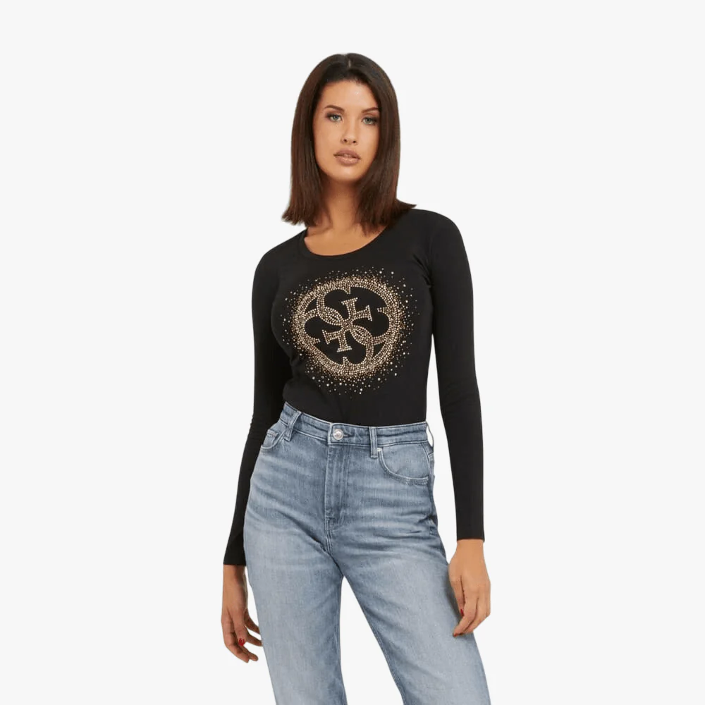Guess Womens 4G Long Sleeve Tee Black