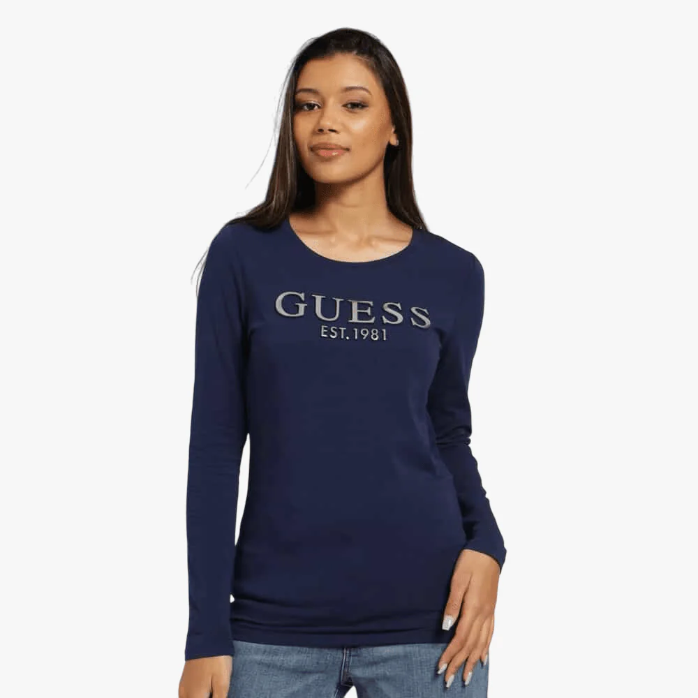 Guess Womens Embossed Long Sleeve Tee Blue