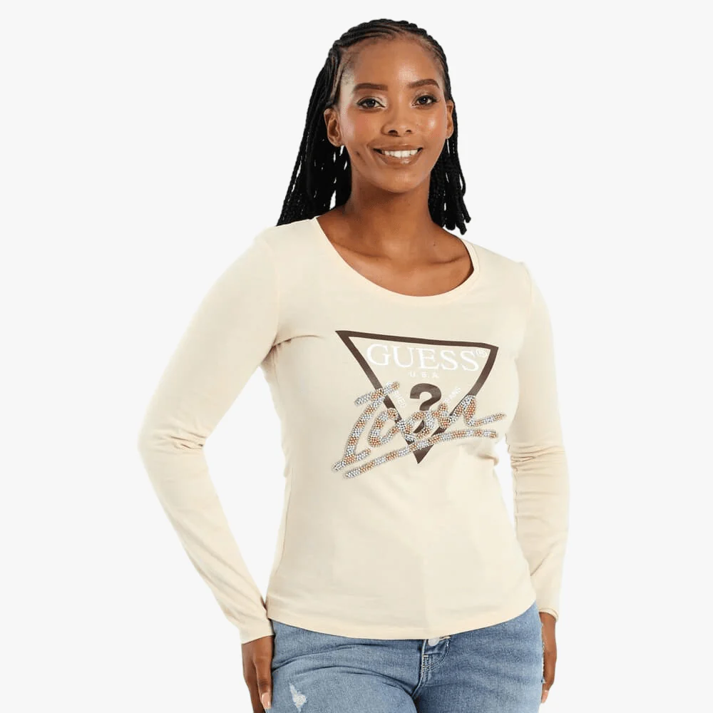 Guess Womens Icon Long Sleeve Tee Cream