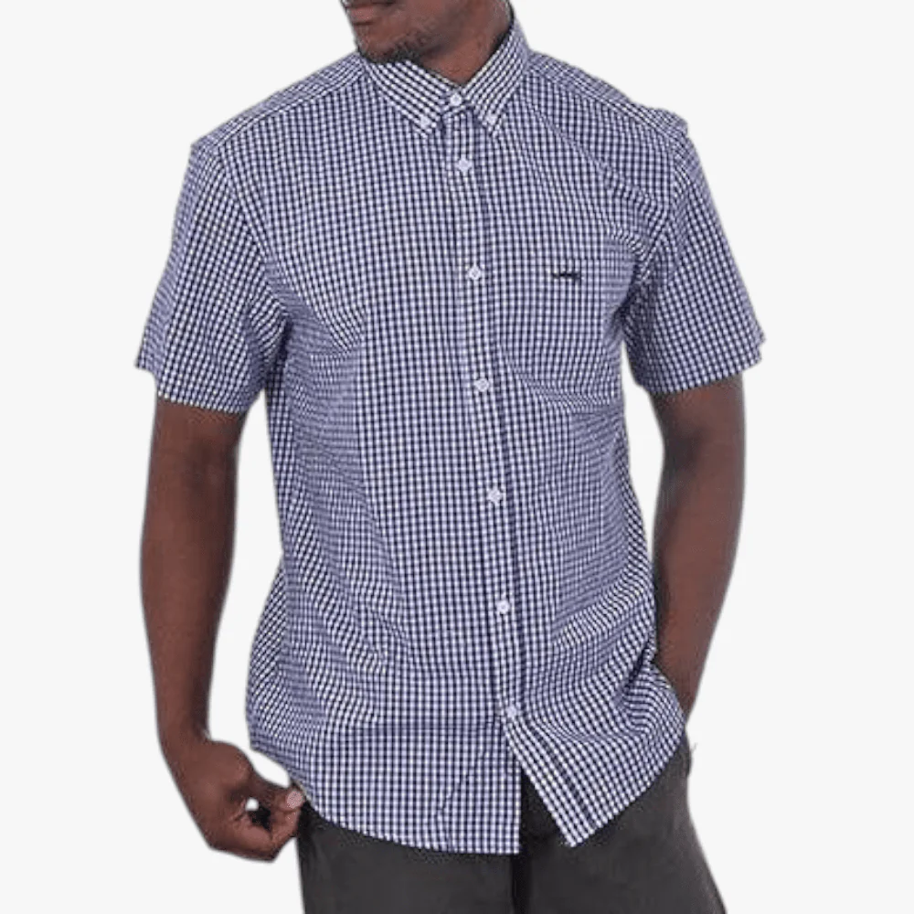 Jeep Mens Gingham Short Sleeve Check Shirt Blue