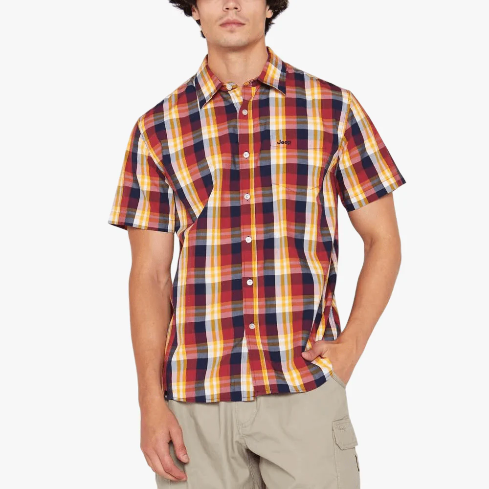 Jeep Mens Yarn Dyed Check Short Sleeve Shirt Burgundy Yellow