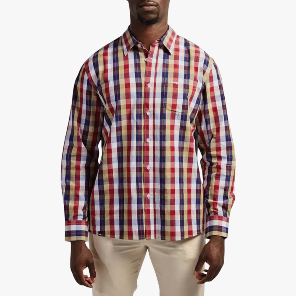Jeep Mens Yd Check Long Sleeve Shirt Cranberry Juice Cobalt