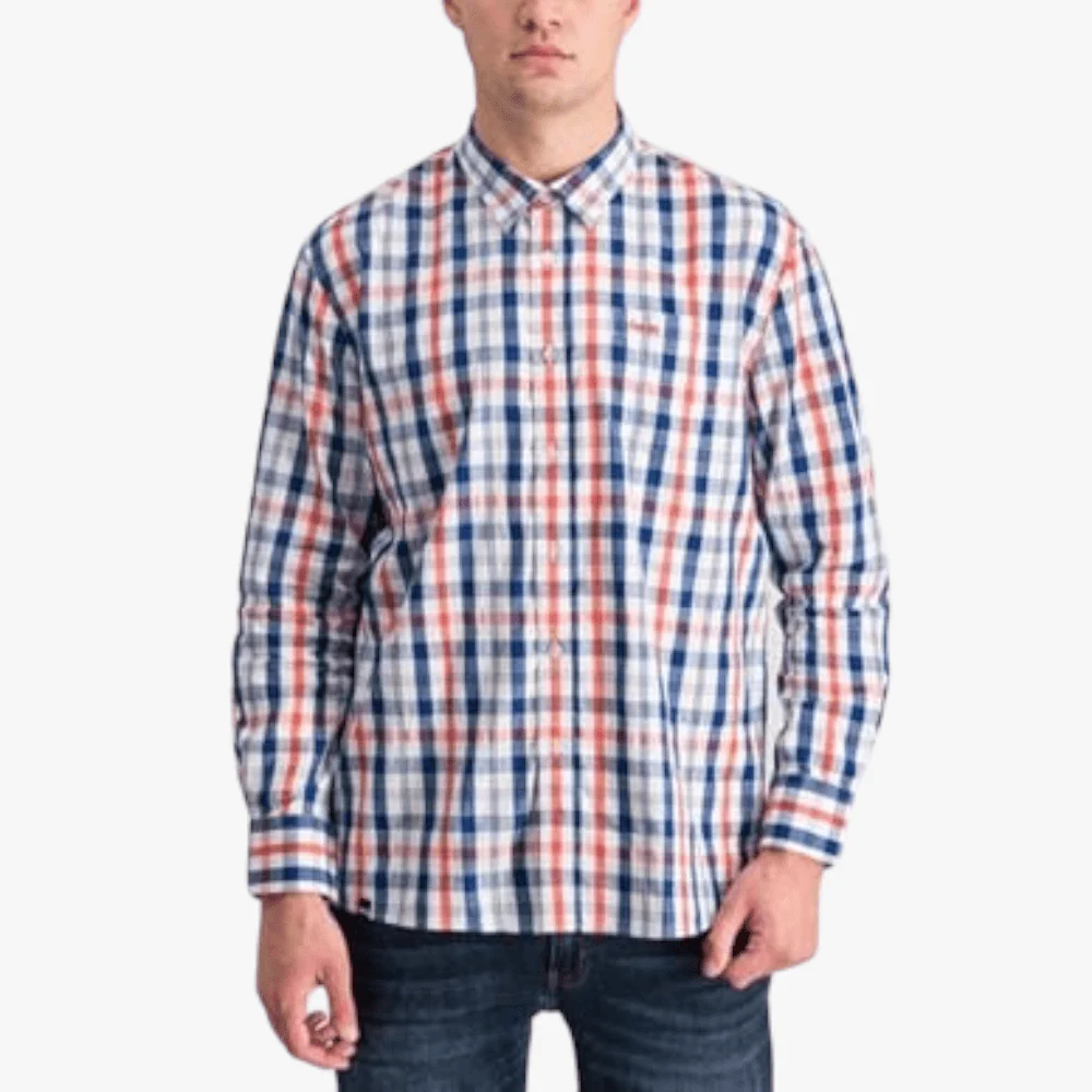 Jeep Mens Yd Check Long Sleeve Shirt Navy Faded Rose