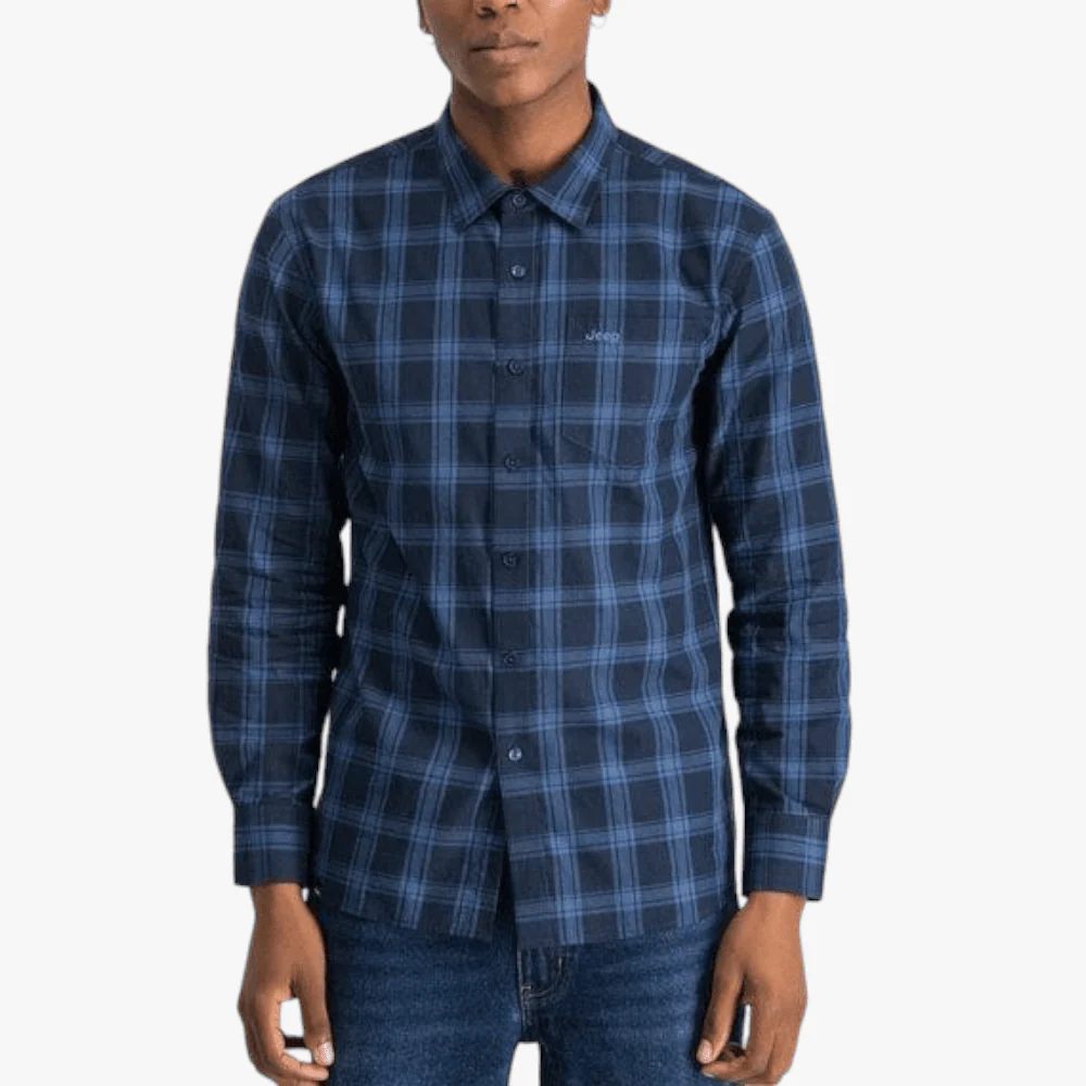 Jeep Mens Yd Check Long Sleeve Shirt Navy Vintage Blue