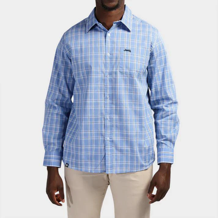 Jeep Mens Yd Check Long Sleeve Shirt Sky Blue White