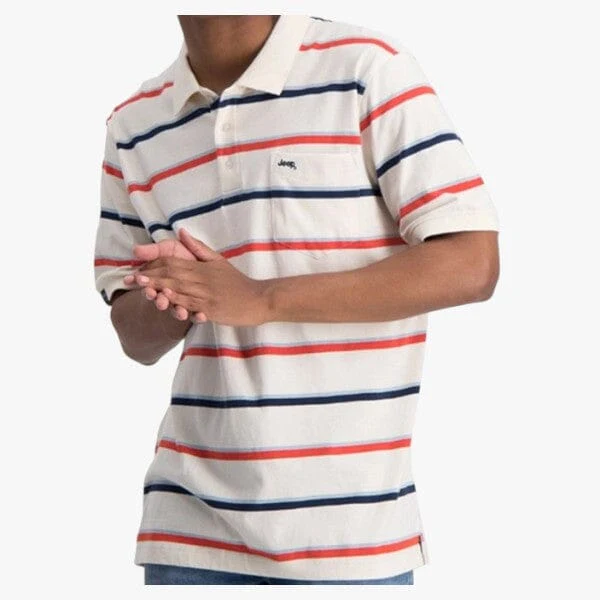Jeep Mens Yd Multi Strip Short Sleeve Golfer Off White Oxyfire - Image 2
