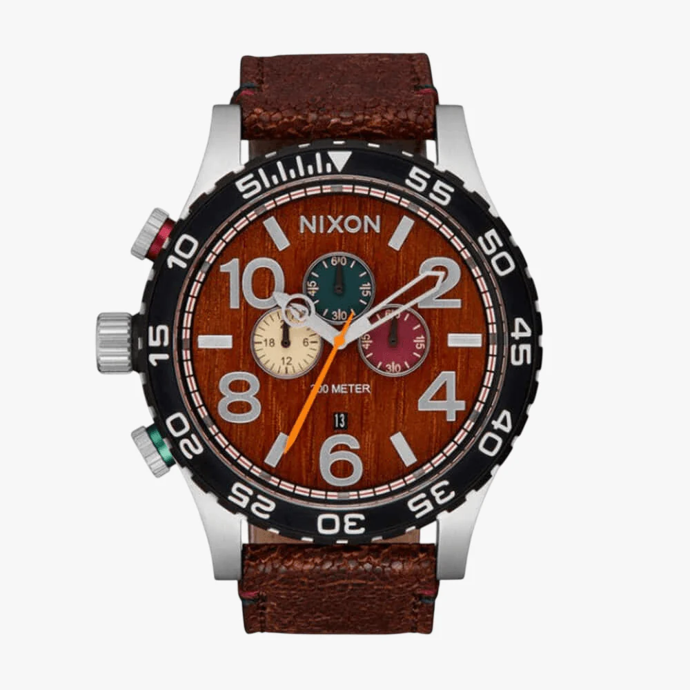 Nixon 51-30 Chrono Leather Silver Rose Wood Chocolate
