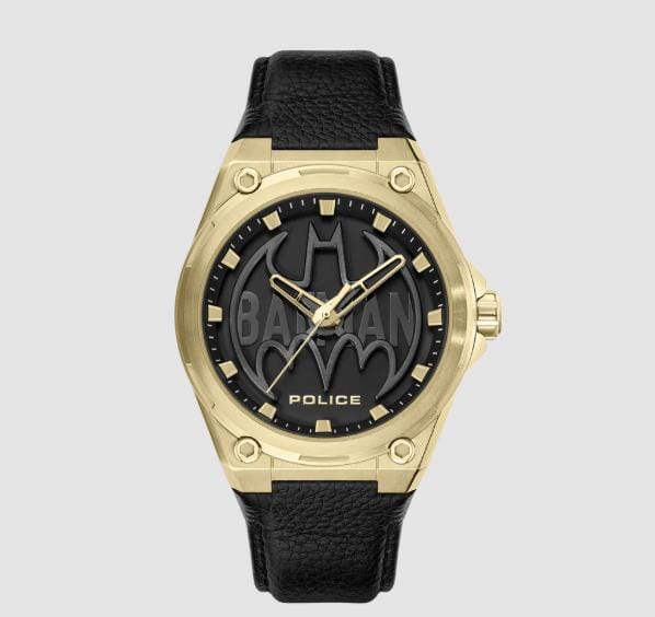 Police Batwing Gold Case Leather Strap Watch
