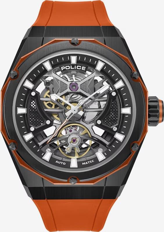 Police Mens Dayton Black/ Orange Rubber Strap