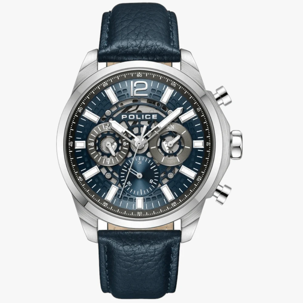 Police Mens Menelik Watch Brushed Navy Leather Strap