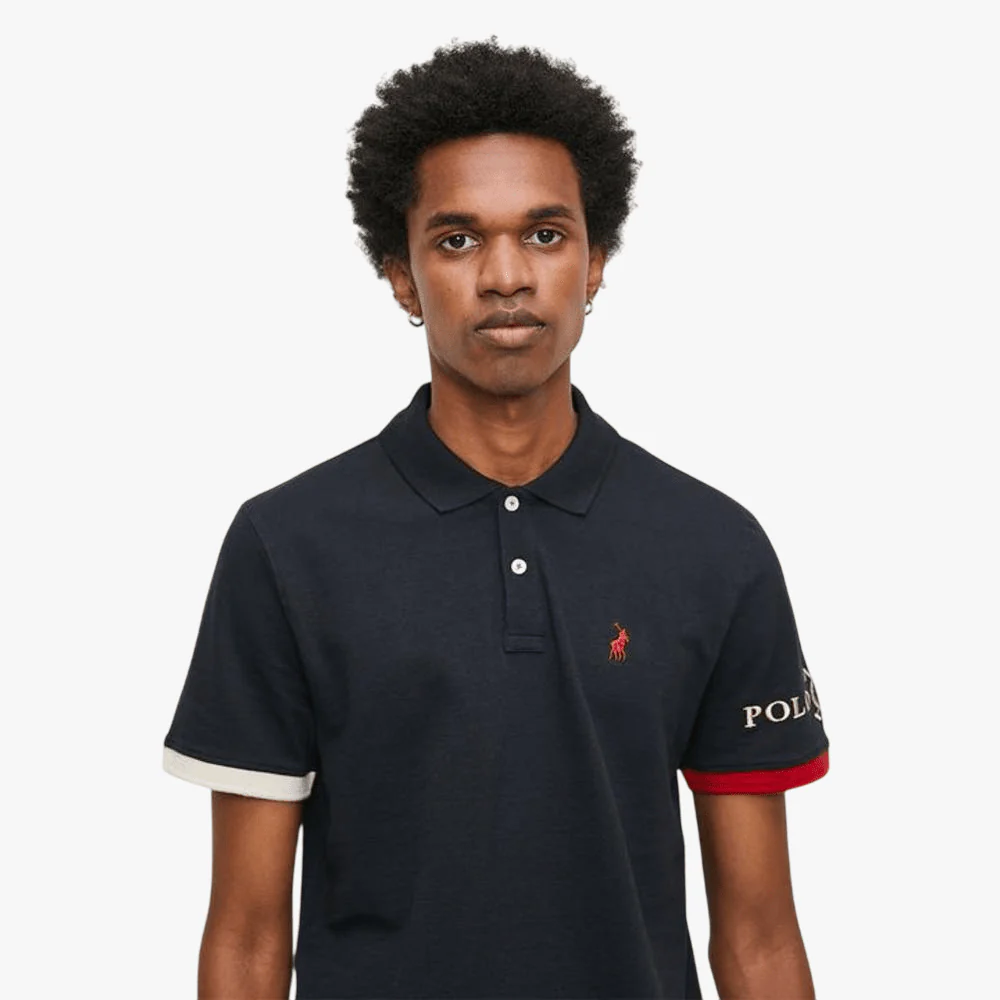 Polo Mens Tipped Cuff Logo Short Sleeve Golfer Navy - Image 3
