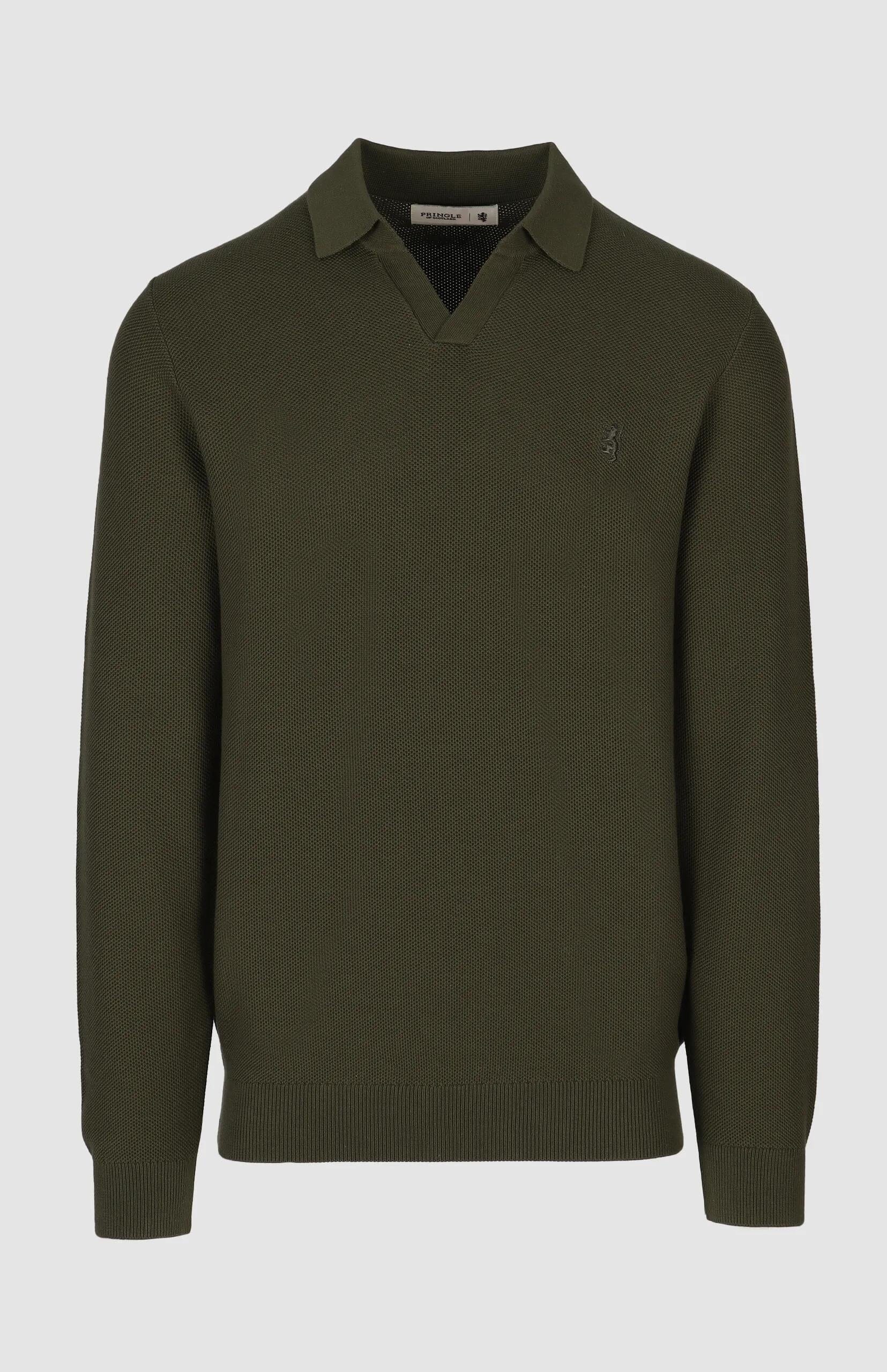 Pringle Mens Brian Collar Textured Knit Jersey Olive