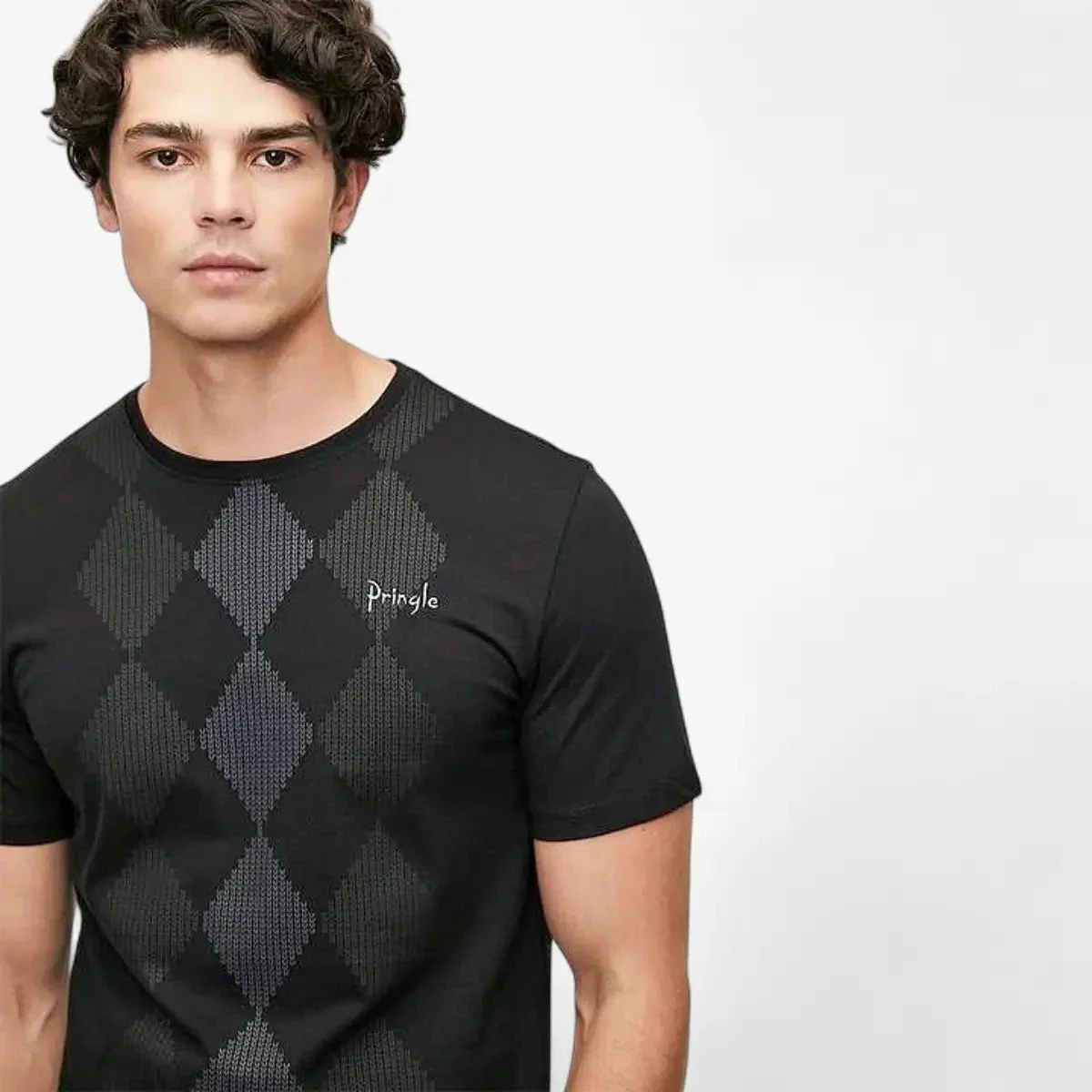 Pringle Mens Hugo All Over Argyle Short Sleeve Tee Black - Image 4