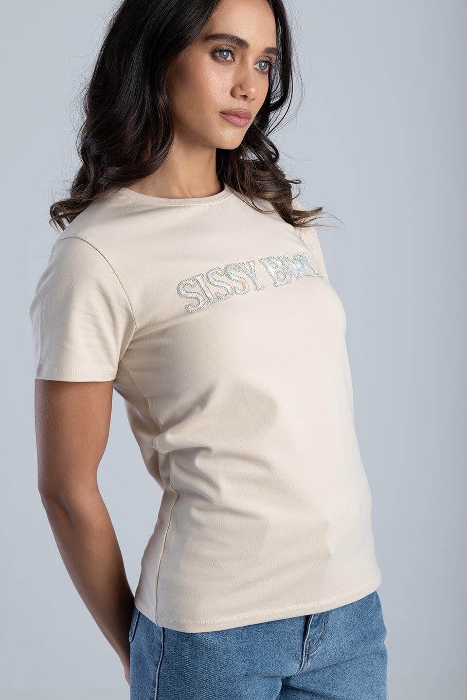 Sissy Boy Flower Embroid Bling Logo Short Sleeve Tee Stone