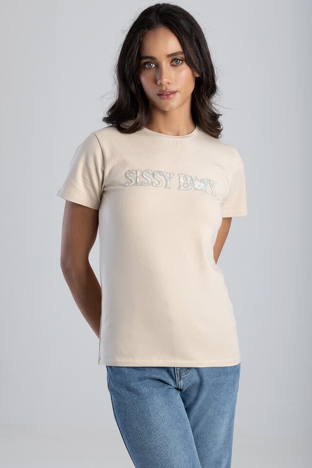Sissy Boy Flower Embroid Bling Logo Short Sleeve Tee Stone - Image 2