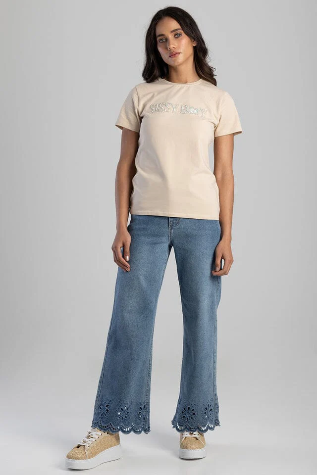 Sissy Boy Flower Embroid Bling Logo Short Sleeve Tee Stone - Image 3
