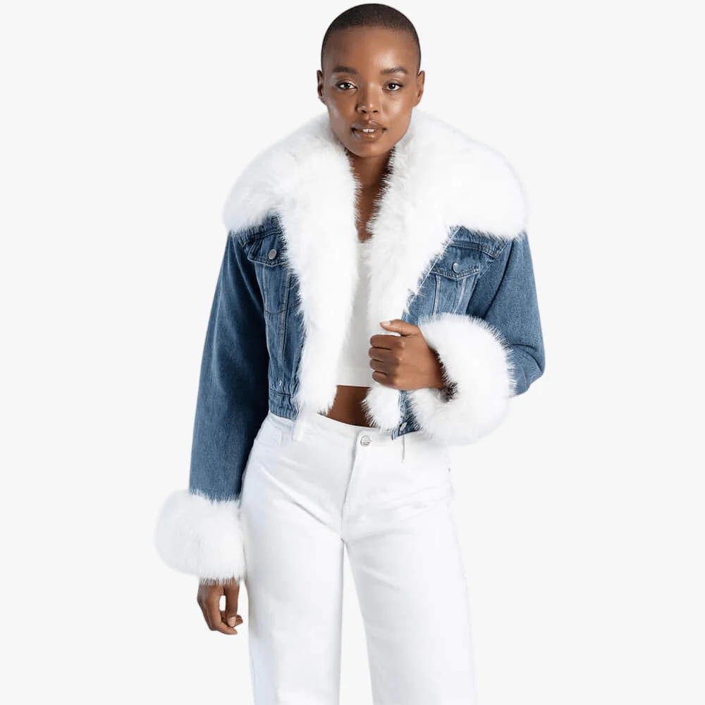 Sissy Boy Womens Denim Cropped Jacket Faux Fur Collar Cuff Blue