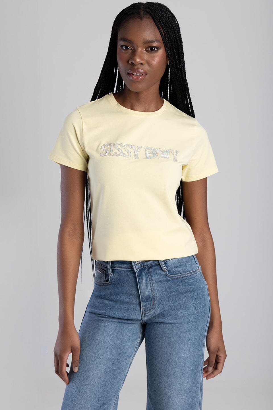 Sissy Boy Womens Flower Embroid Bling Logo Tee Pale Yellow