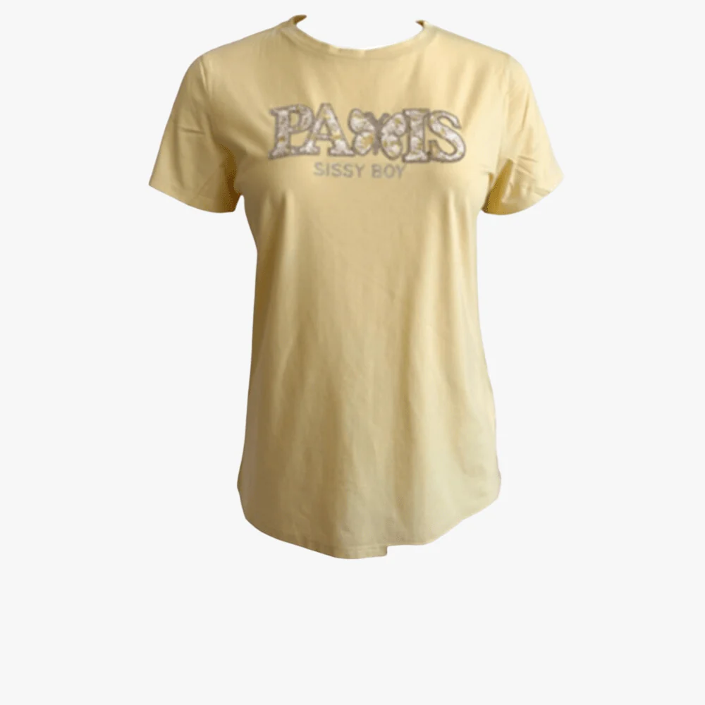 Sissy Boy Womens Flower Embroid Bling Logo Tee Pale Yellow - Image 10