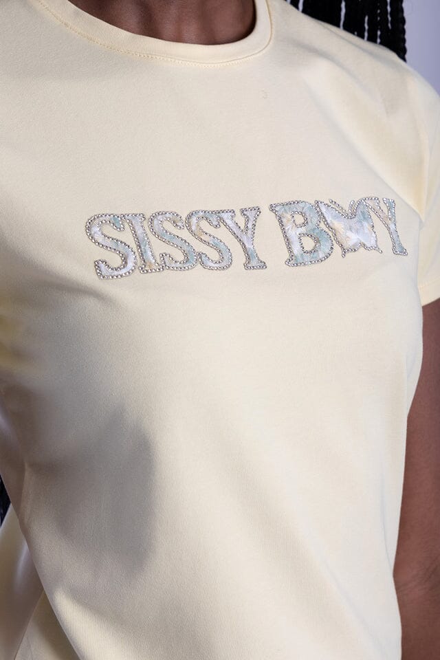 Sissy Boy Womens Flower Embroid Bling Logo Tee Pale Yellow - Image 2