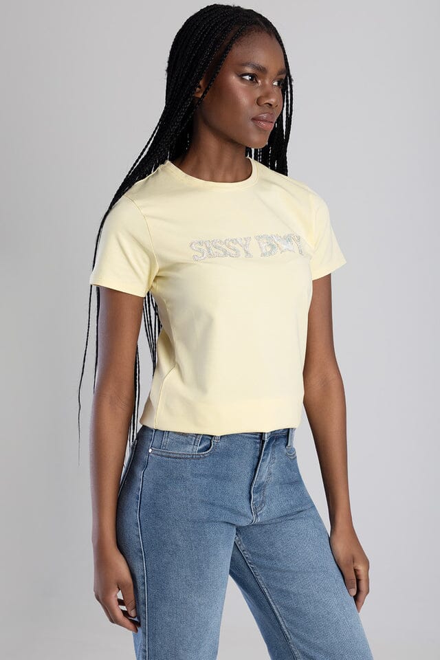 Sissy Boy Womens Flower Embroid Bling Logo Tee Pale Yellow - Image 3