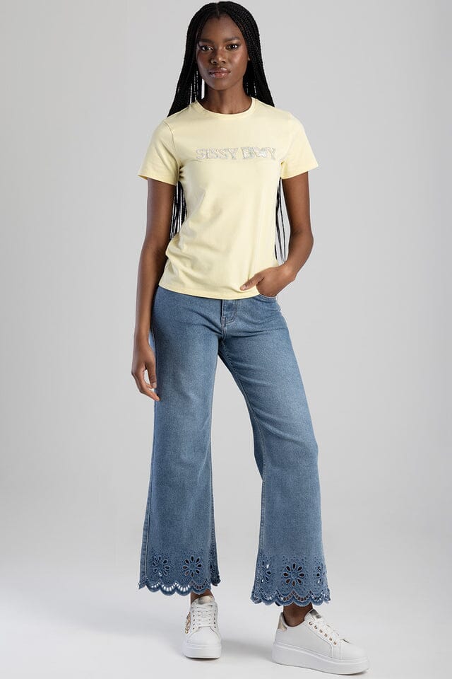 Sissy Boy Womens Flower Embroid Bling Logo Tee Pale Yellow - Image 4