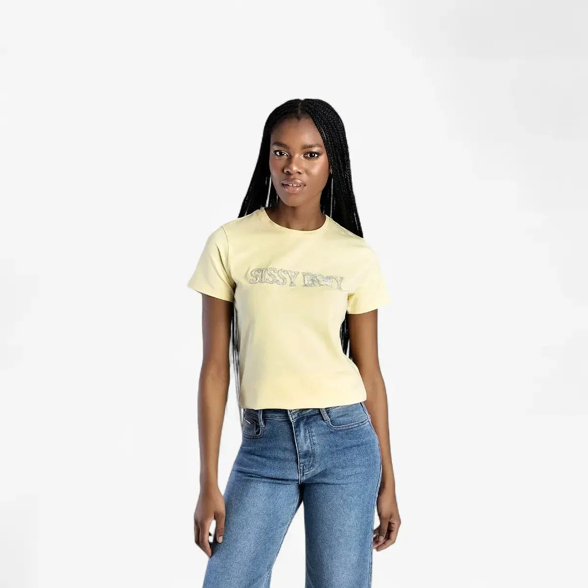 Sissy Boy Womens Flower Embroid Bling Logo Tee Pale Yellow - Image 6