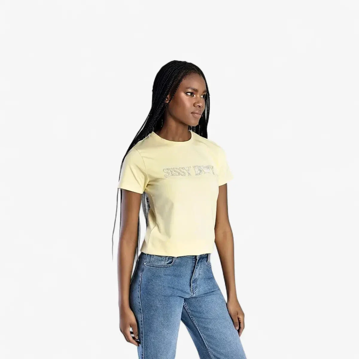 Sissy Boy Womens Flower Embroid Bling Logo Tee Pale Yellow - Image 8