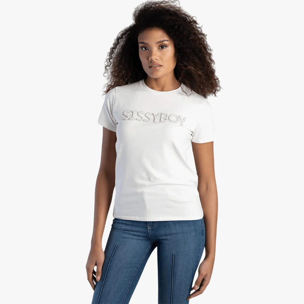 Sissy Boy Womens Pearl Abd Bling Top Off White