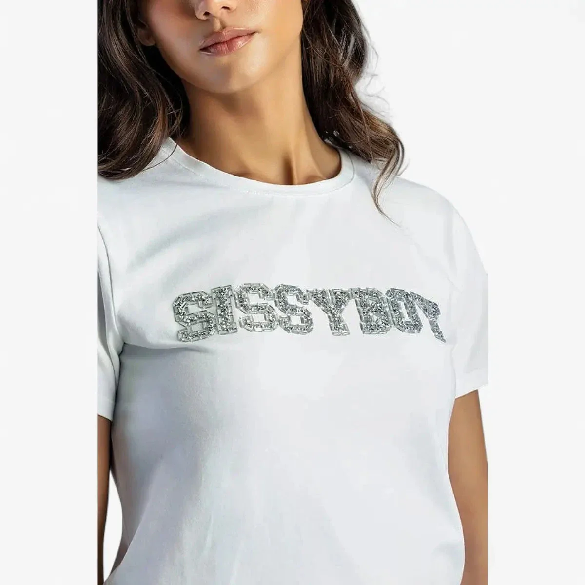 Sissy Boy Womens Regular Fit Top With Bling Short Sleeve Tee Bling White