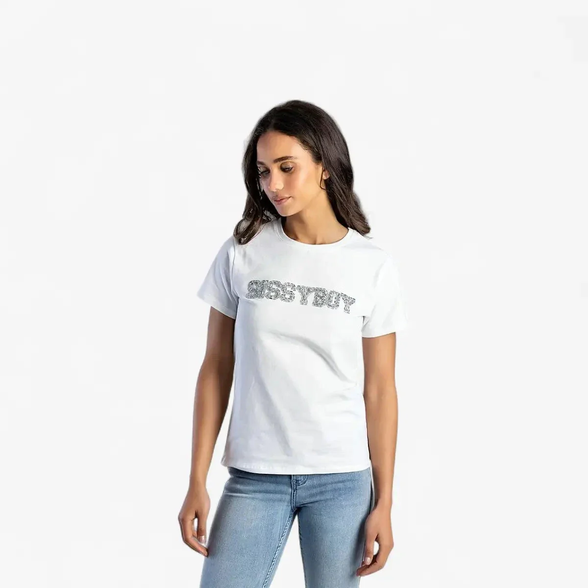 Sissy Boy Womens Regular Fit Top With Bling Short Sleeve Tee Bling White - Image 2