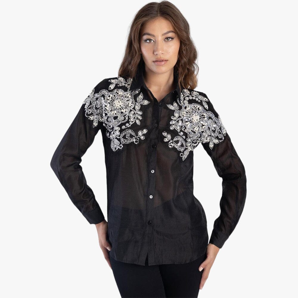 Sissy Boy Womens Sheer Long Sleeve Shirt Embellished Detail Black