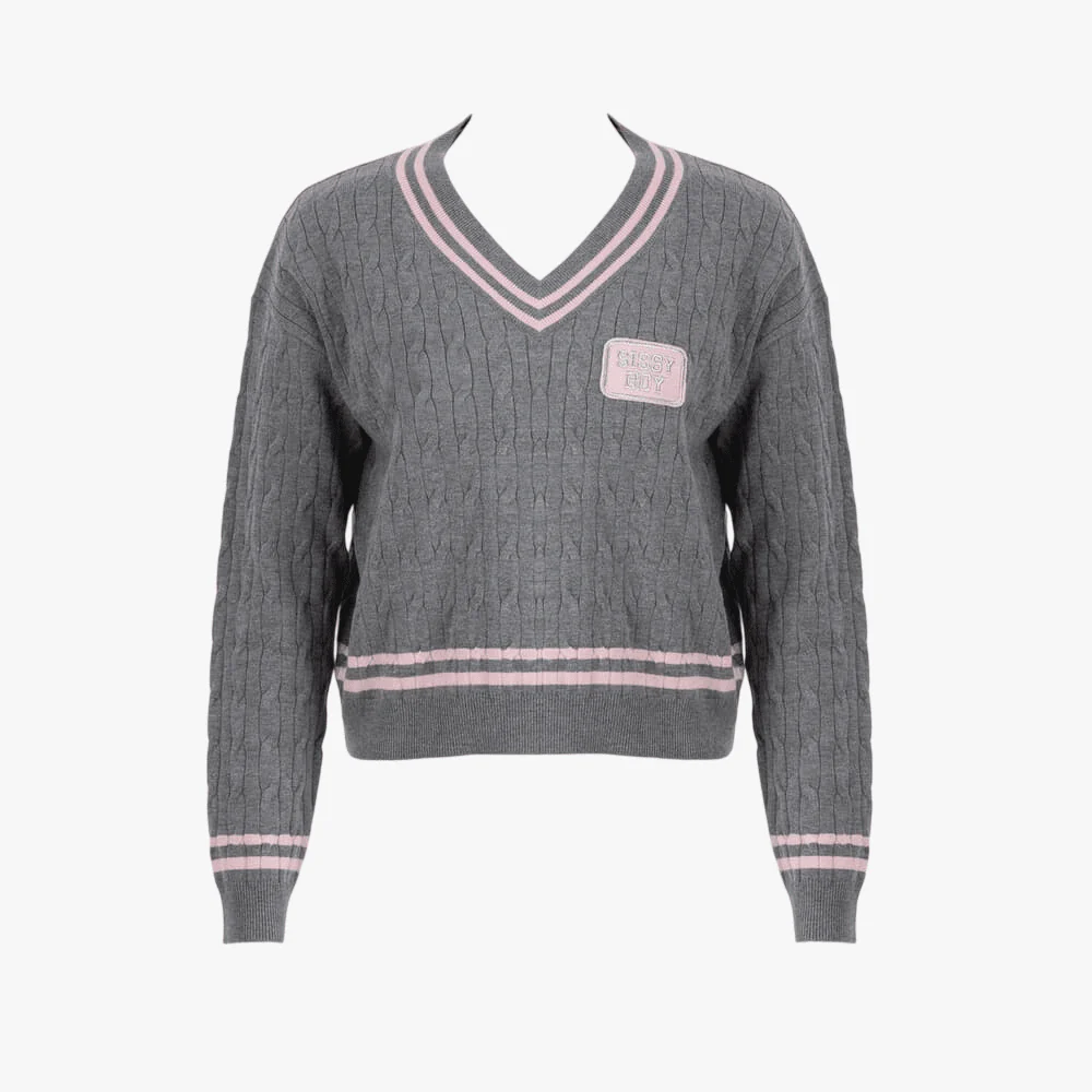 Sissy Boy Womens V Neck All In Knit Sweater Grey Mel Pink