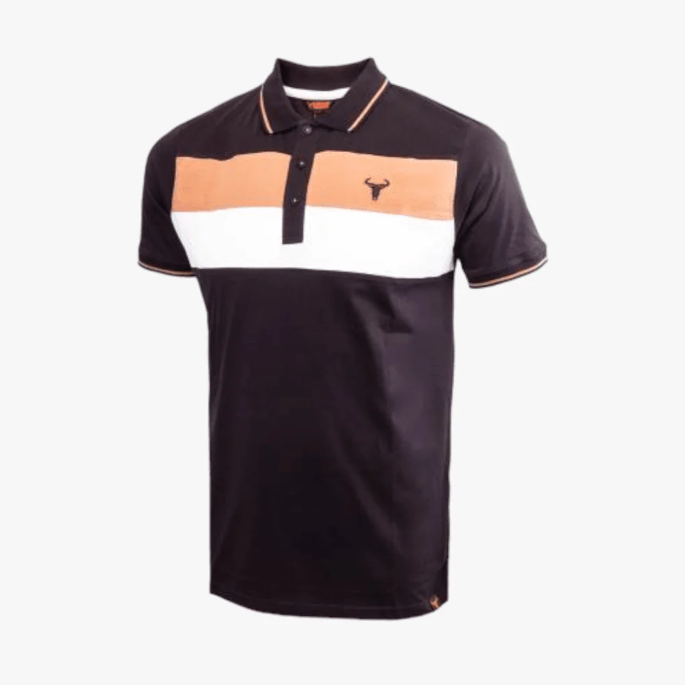 Wildebees Mens Colourblock Short Sleeve Golfer Black+ Camel+ White